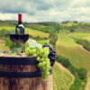 Red wine bottle and wine glass on wodden barrel. Beautiful Tusca