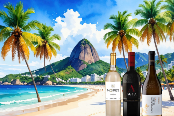 Praia tropical com vinhos variados.