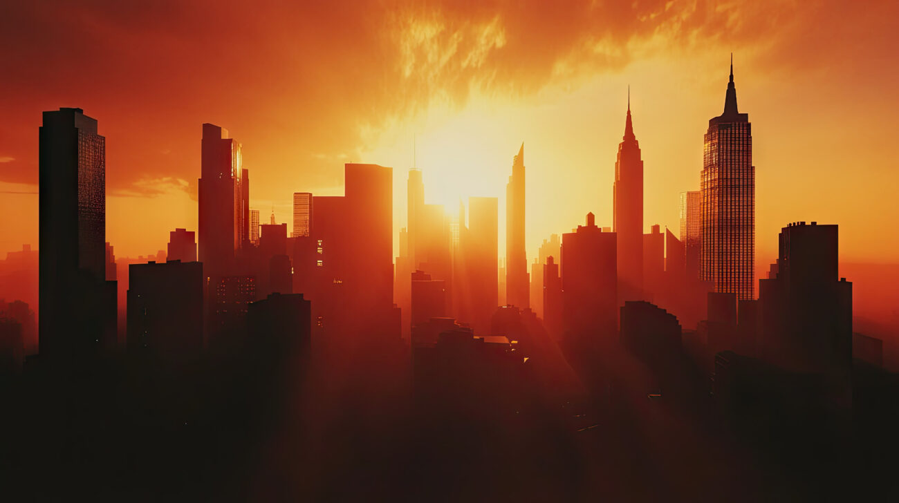 Silhueta de cidade ao pôr do sol
