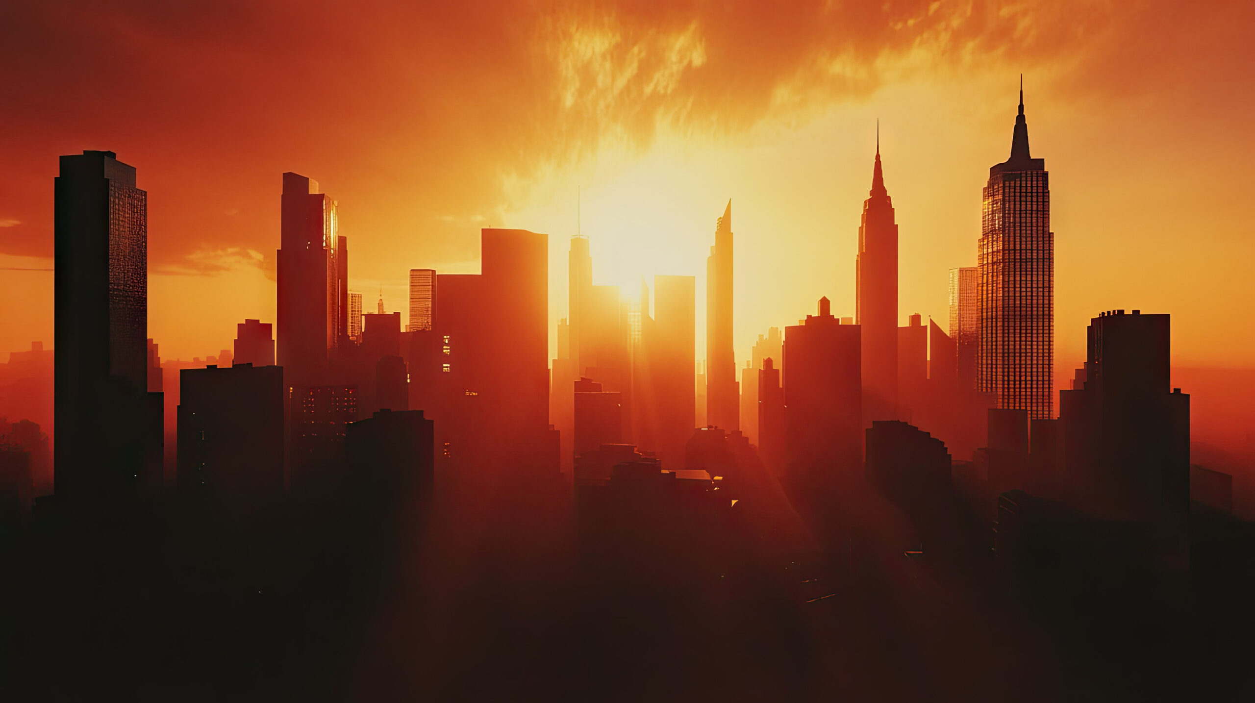 Silhueta de cidade ao pôr do sol