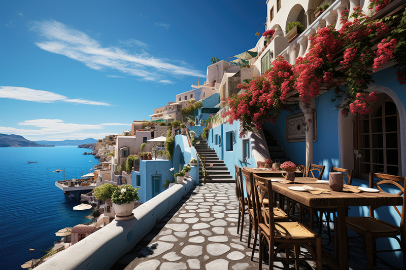 Vista de Santorini com flores